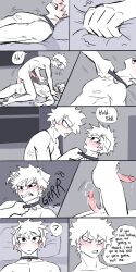 1:2 animal_humanoid ass blush bodily_fluids canid canid_humanoid canine canine_humanoid collar command dog_humanoid duo english_text floppy_ears genital_fluids genitals growling hi_res human humanoid izuku_midoriya katsuki_bakugou male male/male mammal mammal_humanoid my_hero_academia penis precum pretty_werewolf pubes text