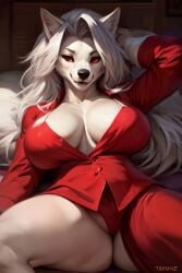 5_fingers ai_generated anthro bed bedroom big_breasts black_nose helluva_boss loona_(helluva_boss) pajamas red_bra red_eyes red_pajamas white_hair