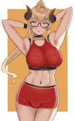 armpits arms_behind_head crop_top demon_girl demon_horns glasses gym_uniform large_breasts micchan_(micchanmeido) ponytail succubus tane_tenshi virtual_youtuber vtuber yellow_eyes