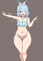 1girls arona_(blue_archive) blue_archive blue_eyes blue_hair female female_focus female_only flat_chest flat_chested hair_over_one_eye light-skinned_female light_skin peace_sign solo thick_thighs thighs thong wide_hips yua_respati