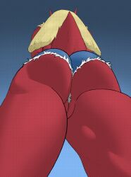 anthro ass back_view big_butt biped blaziken blue_shorts bottomwear clothing female garuda20 genitals hotpants nintendo plump_labia pokemon pokemon_(species) pussy pussy_floss realius rear_view red_fur shorts simple_background solo standing thick_thighs worm's-eye_view