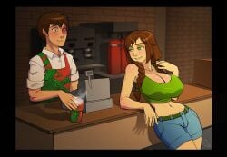 1boy 1girls alternate_universe avatar_legends avatar_the_last_airbender bare_arms barista basedesire big_breasts blush braided_twintails brown_hair busty cash_register cleavage coffee_maker coffee_pot coffee_shop counter customer cute daisy_dukes earth_kingdom espresso_machine facial_scar female fire_nation flirting green_eyes grin hair_over_shoulder huge_breasts jean_shorts jin_(avatar) large_breasts leaning_back leaning_on_object male midriff modern_au modern_setting nonbender presenting_cleavage seductive_look seductive_smile smile smug tank_top tummy twin_braids work_uniform yellow_eyes zuko