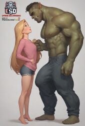 ai_generated big_penis bulge bulge_under_clothes colored_skin disney esd esdai extreme_size_difference fat_penis female fully_clothed green_skin impossible_fit looking_at_partner looking_up orc orc_male rapunzel safe_for_work size_difference smaller_female tangled tiptoes titan