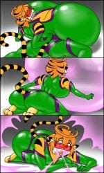 anthro ass big_breasts blowing_bubble blowing_bubblegum bodysuit breast_expansion breasts bubble bubblegum clothed clothing comic enormous_breasts expansion eyewear felid feline female female_only glasses green_bodysuit hair huge_breasts inhale inhaling kecomaster mammal orange_hair purple_eyes red_glasses solo stripes taffy_(balloonprincess) tail tiger