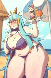 1girls beach big_breasts bikini biting_own_lip blue_eyes blush breasts drink embarrassed embarrassed_female female female_only food_platter humanoid ice_cream large_breasts light_blue_hair littlej_(zi19191) long_hair navel non-human outdoors poison_type pokemon pokemon_(species) purple_bikini spikes_on_head spiky_hair string_bikini thick_eyebrows thick_thighs toxapex water_type white_skin white_skinned_female wide_hips yellow_sclera