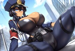 ai_generated breasts cameltoe city dark-skinned_female dark_skin female huge_breasts looking_at_viewer mullon novelai original police police_officer policewoman sitting spread_legs thighhighs