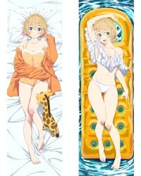 arm_up armpits ass_visible_through_thighs bare_arms bare_belly bare_legs bare_shoulders bare_thighs barefoot bed_sheet belly_button bikini blonde_hair blue_eyes blush breasts cleavage collarbone dakimakura dakimakura_design feet kanojo_okarishimasu knee_blush medium_breasts mouth_closed nanami_mami nightgown official_art open_mouth panties pillow pool shirt smile strap_slip thighs toes water white_bikini