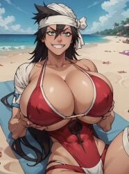 1girls abs ai_generated beach bikini bleach female grabbing_own_breast grin huge_breasts kukaku_shiba light-skinned_female nipples_visible_through_clothing presenting_breasts spiky_hair stable_diffusion top