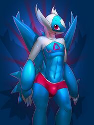 1boy 2014 4_fingers abs anthro anthrofied big_ass blue_background blue_fur blush bulge clothing cum cum_in_clothing cum_in_underwear cum_through_clothing cum_through_underwear dragon elpatrixf furry hi_res latios legendary_pokémon looking_at_viewer looking_away looking_up male male_only mostly_nude muscular muscular_male navel nintendo nipples open_mouth pink_eyes pokemon pokemon_(species) pokemon_rse pokemorph precum red_eyes red_fur red_panties scalie shadow solo standing testicles thick_thighs topless underwear video_games wet white_fur wide_hips wings