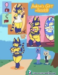 absurd_res animal_crossing ankha ankha_(animal_crossing) anthro ass big_breasts big_butt blue_hair bottomwear breast_expansion breasts cleavage cleavage_overflow clothed clothing comic domestic_cat expansion felid feline felis female hair hair_flip hi_res hotpants huge_breasts huge_butt male mammal nintendo nokamiwd sequence short_stack shorts simple_background solo_focus thick_thighs topwear yellow_body