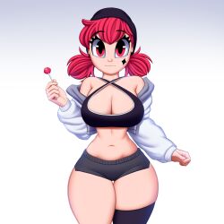 1girls beanie black_clothing bra breasts cleavage face_tattoo female female_only huge_breasts jacket light_clothing lollipop looking_at_viewer minishorts navel popsicle red_eyes red_hair saymanart solo thick_thighs thighs vinyl_(saymanart) white_background