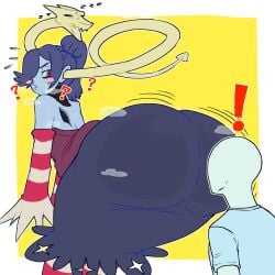 ! ? anon ass_attack bare_shoulders blue_hair blue_skin butt confused dress female gigantic_ass hip_attack huge_ass leviathan_(skullgirls) pear-shaped_figure pear_shaped pear_shaped_female red_eyes skullgirls squigly striped_legwear thick_ass wide_hips wiirart