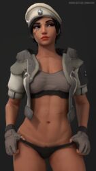 3d abs beret bikini black_eyes black_hair blender dark-skinned_female dark_skin female female_pubic_hair fingerless_gloves gloves high_resolution jacket looking_away military military_hat military_uniform muscle muscular_female navel overwatch pharah pharah-best-girl pubic_hair scar swimsuit teasing uniform