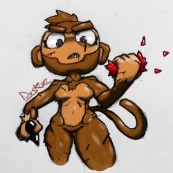 angry blood bloon bloons_tower_defense dart_monkey darts_(duskizi) destroyed_object duskizi furry krakenfever looking_at_viewer low-angle_view monkey original_character scars small_breasts solo solo_female solo_focus