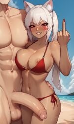 1boy 1girls ai_generated animal_ear_fluff animal_ears balls bangs beach big_penis bikini blue_sky blush breasts clothing_aside cuck cuckold cuckold_pov day female grin huge_cock large_penis large_testicles light-skinned_male long_hair looking_at_viewer middle_finger muscular_male nail_polish navel nipple_slip ntr ocean outdoors penis precum precum_drip red_eyes red_nails sky smile sph standing swimsuit