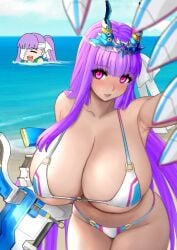 2024 2girls bare_shoulders barghest_(fate)_(cosplay) beach bikini bikini_bottom bikini_top blush blush_lines breasts_bigger_than_head cleavage clothed clothed_female clothing fate/grand_order fate_(series) female female_only green_one-piece_swimsuit hair_ribbon huge_breasts kingprotea light-skinned_female light_skin light_skinned_female long_hair long_ponytail one-piece_swimsuit passion_lip passionlip_(fate) pink_eyes ponytail purple_hair raskasar sideboob underboob voluptuous voluptuous_female white_hair_ribbon