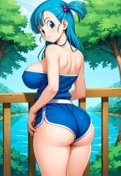 ai_generated back_view big_ass big_breasts blue_eyes blue_hair bulma_briefs civitai dolphin_shorts dragon_ball dragon_ball_z large_breasts shorts tube_top tubetop