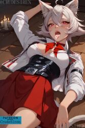 ai_generated animal_ears commission crudesiren cum cum_in_mouth fluffy gray_hair linia_dedoldia looking_at_viewer mushoku_tensei mushoku_tensei:_isekai_ittara_honki_dasu open_mouth patreon patreon_username red_eyes stable_diffusion tail tongue tongue_out