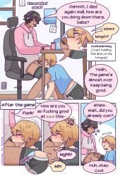 2boys black_nails blonde_hair blowjob brown_hair casual_sex clothing cock_warmer cock_warming cockwarming computer cum cumming_in_mouth dark-skinned_male dark_skin desktop ear_piercing electronics gaming gaming_chair gay hand_on_head handsfree_ejaculation headphones heart-shaped_pupils hearts hidden_sex homosexual hoodie human indoors light-skinned_male male male/male male_only males_only oral oral_sex pale_skin pride_colors pubic_hair welcome_to_heaven yaoi