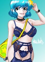 1girls arm_up big_breasts black_eyes blue_hair blue_legwear blue_underwear bra female female_only garter_belt garter_straps hair_ornament hairpin legwear lingerie marshallrgarts mrgarts panties ramona_flowers scott_pilgrim short_hair solo solo_female stockings thighhighs