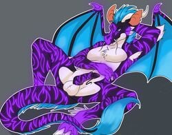 anthro armpit_hair balls barbels bioluminescence blerbles_(artist) claws dragon eastern erection fur glowing hand_behind_head horn hybrid knot male markings monahven_(character) penis purple_fur reclining teeth tribal_markings unusual_penis western wings