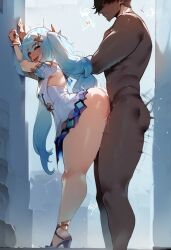 1boy 1girls ai_generated big_ass clothed dark-skinned_male faruzan_(genshin_impact) female from_behind genshin_impact huge_ass light-skinned_female long_hair male on_back open_mouth partially_clothed penetration sex