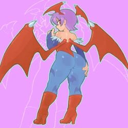 1girls ass bat_print bat_wings big_ass blue_tights boots champchidi darkstalkers high_heel_boots lilith_aensland looking_back purple_hair red_boots red_eyes red_leotard red_wings short_hair shoulderless_dress solo succubus thick_ass tights wings_on_head