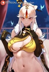 ai_generated blonde_hair cleavage dress genshin_impact gloves large_ass large_breasts long_hair looking_at_viewer navel ningguang_(genshin_impact) primosan red_eyes smile standing thiccwithaq_(ai_style)