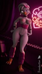 accessory anthro big_breasts bow_ribbon breasts chica_(fnaf) choker erect_nipples exposed_breasts eyebrows eyelashes female five_nights_at_freddy's five_nights_at_freddy's:_security_breach genitals glamrock_chica_(fnaf) glowing glowing_eyes hair hair_accessory hair_ribbon hairbow half-closed_eyes inside jewelry looking_at_viewer narrowed_eyes necklace neon_lights nipples nude poster purple_eyes pussy ribbons smile smiley_face solo standing tongue tongue_out triadastar waist_accessory white_body wraps wrist_wraps