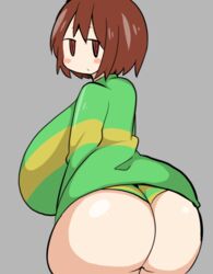 1girls bedroom_eyes big_breasts big_butt blush breasts bubble_butt chara cute huge_ass hypnotized_personality_change hypnotized_presentation looking_at_viewer looking_back petronoise sleepy striped_panties toby_fox undertale