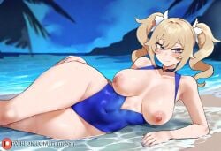 ai_generated barbara_(genshin_impact) barbara_(summertime_sparkle)_(genshin_impact) beach blonde_hair blue_eyes breasts_out drill_hair embarrassed genshin_impact large_ass large_breasts looking_at_viewer lying lying_on_side nipples primosan pussy_juice swimsuit twintails