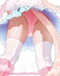 ass ass_focus below_view cat_tail catboy crossdressing femboy gomi-cake lace-trimmed_panties lace_trim long_hair low-angle_view male male_only panties panty pantyshot skirt socks split-color_hair sweat thigh_highs thighhighs thighs upskirt