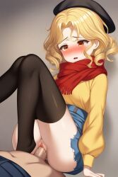 1boy 1boy1girl 1girls against_wall ai_generated beret blonde_hair blush flan_(flanofart) flanofart orange_eyes scarf sex tagme