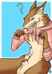 ? animal_genitalia balls blue_eyes brown_fur fur male male_only meme penis penis_tip sergal sheath simple_background the_gentle_giant twitter_hoodie