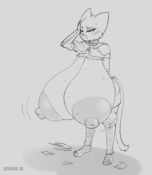 anthro big_breasts breast_expansion breasts feline female grey_background huge_breasts hyper hyper_breasts katia_managan khajiit mammal prequel schwoo simple_background sketch the_elder_scrolls video_games