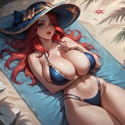 1girls ai_generated beach beach_towel blue_eyes busty curvy half-closed_eyes hat hi_res huge_breasts league_of_legends light-skinned_female long_hair lying_on_back miss_fortune outdoors red_hair seductive senzoai solo solo_female stable_diffusion tagme thick thick_thighs thin_waist