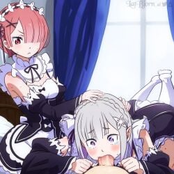 1boy 2girls :&lt; ai_generated assisted_fellatio bangs bare_shoulders bed blunt_bangs blush braid breasts cleavage clothing curtains detached_sleeves dress emilia_(re:zero) fellatio female ffm_threesome flower frills grey_hair hair_flower hair_ornament hair_over_one_eye hair_ribbon hand_on_another&#039;s_head headdress headwear indoors irrumatio kneeling latbjorn_ai legwear long_hair lying maid maid_headdress male multiple_girls oral pantyhose penis pink_hair purple_eyes purple_ribbon ram_(re:zero) re:zero_kara_hajimeru_isekai_seikatsu red_eyes ribbon roswaal_mansion_maid_uniform sex short_hair sitting small_breasts straight sweat tears thighhighs threesome tied_hair twins uncensored uniform white_flower white_legwear x_hair_ornament