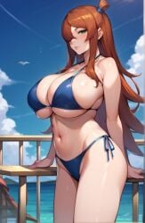 1girls ai_generated arm_support bangs big_breasts bikini bikini_bottom bikini_top blue_bikini blush breasts brown_hair busty cleavage constantbeta female female_only green_eyes hair_over_one_eye huge_breasts legs_together lipstick looking_at_viewer makeup mature mature_female mature_woman mei_terumi nai_diffusion naruto naruto_(series) naruto_shippuden navel nipples nipples_visible_through_clothing outdoors pinup railing see-through see-through_bikini side-tie_bikini side-tie_bikini_bottom solo stable_diffusion swimsuit table terumi_mei thighs upper_body very_long_hair visible_nipples voluptuous wet wet_skin wide_hips