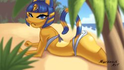 animal_crossing ankha_(animal_crossing) anthro ass beach bikini blue_ears blue_eyelids blue_hair bodily_fluids clothing domestic_cat felid feline felis female hair humanoid looking_at_viewer lying male mammal marbleous markings nintendo on_front sand solo striped_markings striped_tail stripes swimwear tail tail_markings two-piece_swimsuit water yellow_body