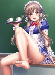 :d apron arm_support ass bare_legs barefoot blue_dress blue_panties blush bow bowtie breasts brown_hair center_frills chalkboard commentary_request cup desk dress feet female frilled_apron frilled_cuffs frilled_dress frills glint hachigatsu_no_cinderella_nine hair_ribbon heart holding holding_tray innie_pussy knee_up lambda_(kusowarota) lipstick long_hair low_twintails maid makeup nail_polish no_panties oerba_yun_fang on_desk open_mouth orange_eyes panties pantyshot pantyshot_(sitting) pink_lips pink_nails puffy_short_sleeves puffy_sleeves pussy red_bow red_neckwear ribbon shiina_yukari_(hachigatsu_no_cinderella_nine) short_sleeves sitting small_breasts smile sole solo striped striped_panties teacup thighhighs toenail_polish toenails toes tray twintails uncensored underwear upskirt waist_apron waitress white_apron white_legwear white_ribbon wrist_cuffs