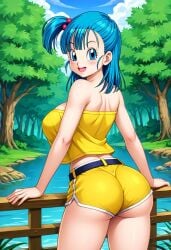 ai_generated back_view big_ass big_breasts blue_eyes blue_hair bulma_briefs civitai dolphin_shorts dragon_ball dragon_ball_z large_breasts shorts tube_top tubetop