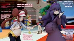 2girls 3d belly big_belly blender blender_(software) blender_cycles blue_eyes blush bow brown_hair character_in_background dialogue dress female female_only game_freak hair hair_between_eyes hair_bun hairband hat hex_maniac hi_res hilda_(pokemon) inkloving long_hair long_sleeves looking_at_another looking_away looking_up may_(pokemon) may_(pokemon_oras) nail_polish nails open_mouth painted_nails pointing_up pokemon pokemon_bw pokemon_masters pokemon_xy pregnant pregnant_belly pregnant_female purple_eyes purple_hair reaching_out rosa_(pokemon) shirt skirt star_eyes starry_eyes swirly_eyes watch watermark