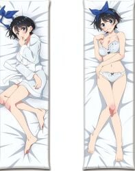 bare_arms bare_belly bare_legs bare_shoulders bare_thighs barefoot bathrobe bed_sheet belly_button big_breasts black_hair blue_eyes blush bra breasts cleavage collarbone dakimakura dakimakura_design feet kanojo_okarishimasu knee_blush lying mouth_closed official_art open_mouth panties ribbon sarashina_ruka short_hair smile thighs toes underwear underwear_only white_bra white_panties white_underwear