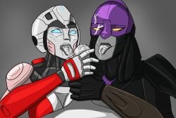 1girls 2girls arcee arcee_(rotb) azzertyimages blue_eyes cum cumshot cumshot_on_face grey_tongue handjob masturbating nightbird_(transformers) penis robot robot_girl robot_humanoid tongue tongue_out transformers transformers_rise_of_the_beasts yellow_eyes