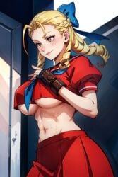 1girls ai_generated antenna_hair big_breasts blonde_hair braid brown_eyes busty_buff capcom female female_only fighting_game forelocks hand_on_chest indoors inside karin_kanzuki large_breasts medium_hair orange_eyes pleated_skirt red_serafuku red_topwear ringlets serafuku skirt smile solo solo_female stable_diffusion standing street_fighter street_fighter_alpha street_fighter_alpha_3 street_fighter_v tampopo tie toned toned_female underboob undersized_clothes