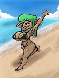 alys_(krakenfever) areola_slip areolae areolae_peeking beach big_breasts big_nipples bikini bikini_bottom bikini_top duskizi female_only huge_breasts inkling inkling_girl krakenfever nintendo original original_character running solo solo_female splatoon