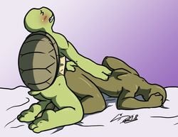 all_fours anal anal_sex anthro ass bed clenched_teeth doggy_style donatello duo hamakei male male_penetrating nude penetration reptile rockgaara scalie teenage_mutant_ninja_turtles teeth yaoi