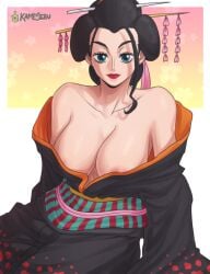 1girls black_hair blue_eyes female female_focus female_only geisha kameseru kimono nico_robin nihongami obi one_piece orobi red_lipstick tied_hair wano_country