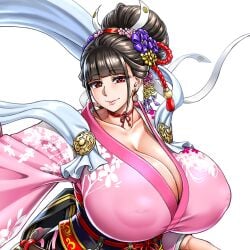 black_hair breasts_bigger_than_head cleavage color curvy curvy_female earrings eyebrows_visible_through_hair female female_focus female_only flower_in_hair fringe fringe_hair game_cg gigantic_breasts hair_bun hair_flower hair_ornament inverted_nipples kimono kunoichi_enrai large_areolae last_origin long_hair looking_at_viewer neromashin nipple_bulge nipples_visible_through_clothing pink_kimono plump red_eyes single_hair_bun smile smiling smiling_at_viewer transparent_background