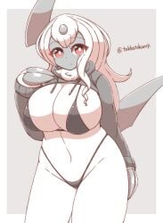 2023 absol anthro big_breasts bikini border breasts clawed_fingers claws clothing eye_through_hair eyelashes eyelashes_through_hair female generation_3_pokemon grey_background grey_claws grey_face grey_horn grey_tail hair hoodie horn long_hair navel nintendo pokemon pokemon_(species) red_eyes signature simple_background swimwear tail takkatakanoji topwear translucent translucent_hair two-piece_swimsuit white_body white_border white_breasts white_hair